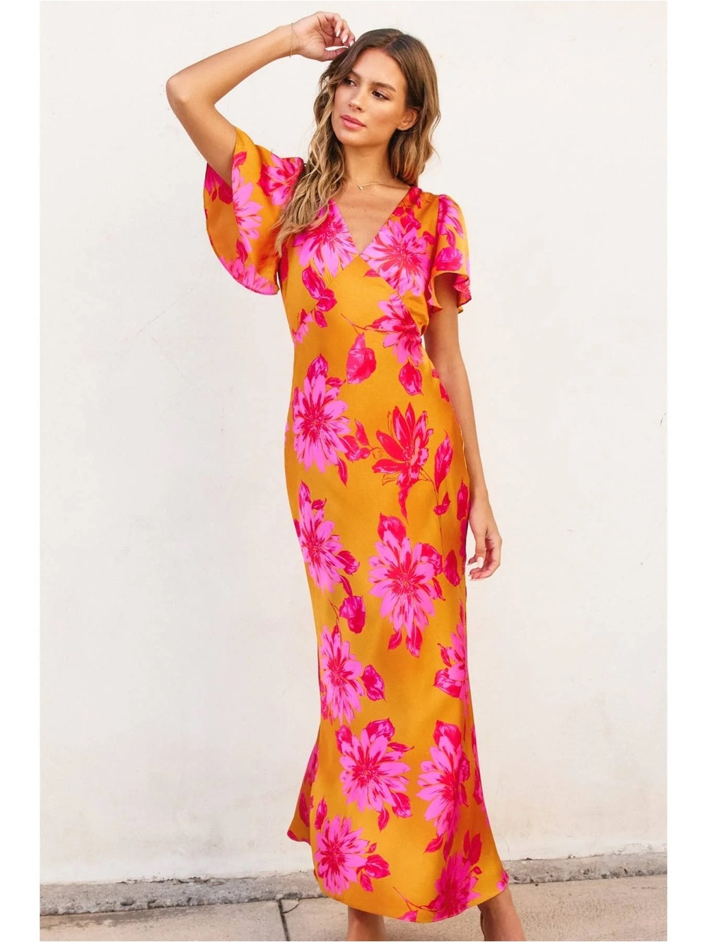 NWT Mustard & Pink Floral V-Neck Maxi Dress